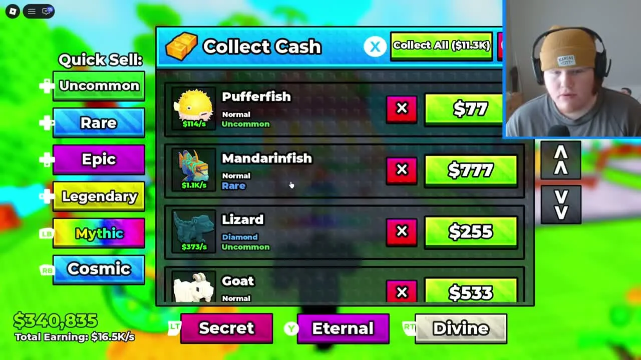 The recorded Collect Cash menu lists animals and individual cash collection buttons.