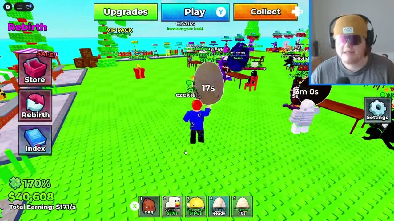 Hotbar showing hatched animals, a Ready egg and an egg countdown