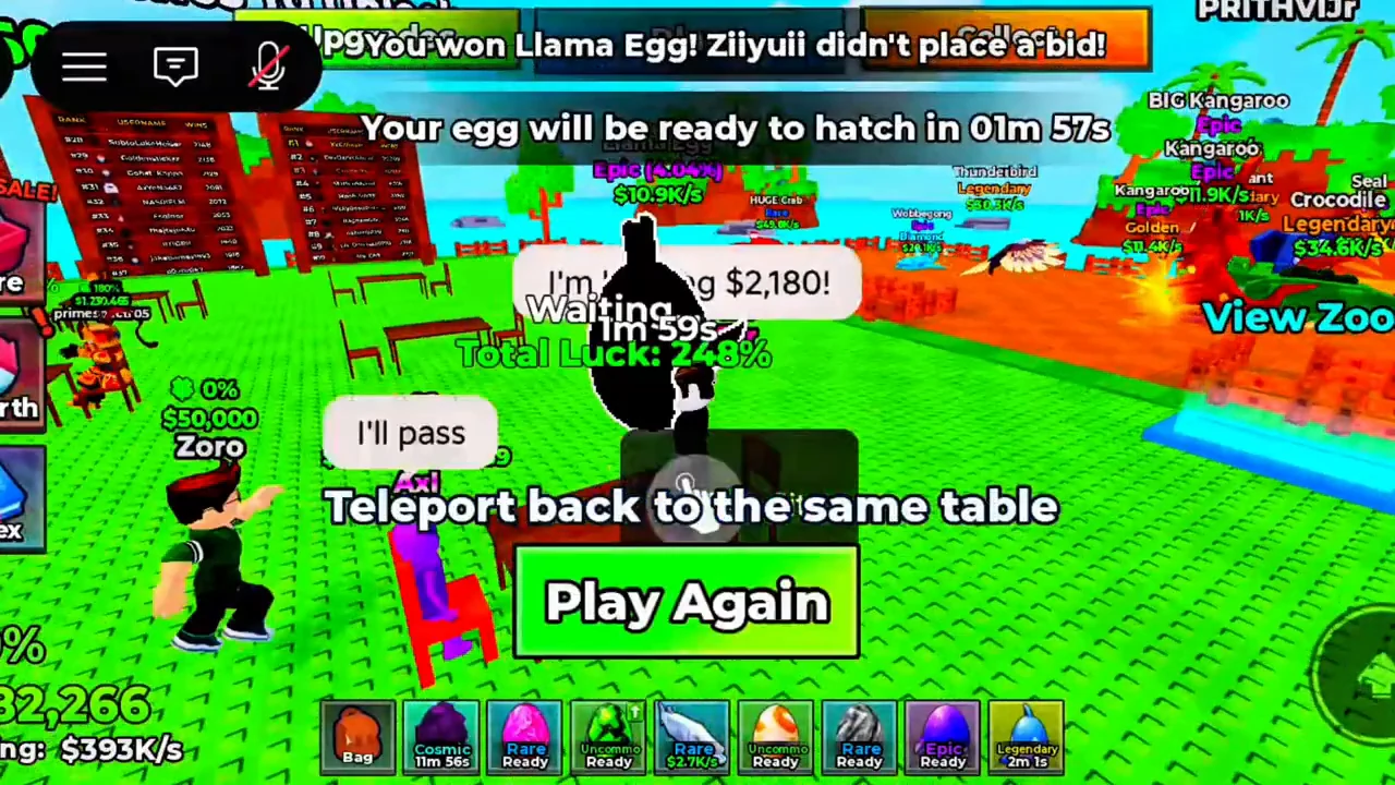 Winning result, hatch waiting message and Play Again control